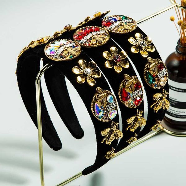 

vintage baroque multi color crystal flower headband for woman elegant alloy flower and bee hair hoop girl party hair accessories, Golden;silver