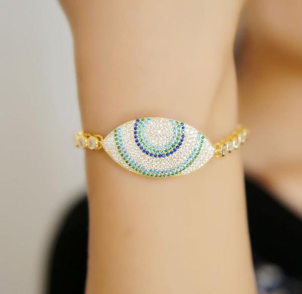 

2020 classic blue evil eye micro pave cz turquoises charm bracelet big eye brilliant tennis chain bangle femme jewelry gift, Golden;silver