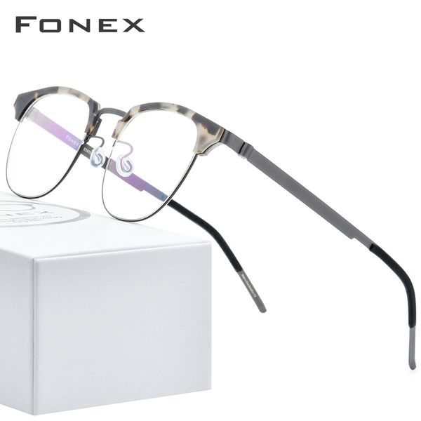 

fonex acetate alloy eyeglasses frame men vintage round myopia optical half prescription glasses women screwless eyewear 98627, Black