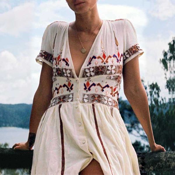 

boho inspired vintage embroidered dress in white v-neck 100% cotton buttons front lined maxi summer dresses 2020 vestidos mujer, White;black