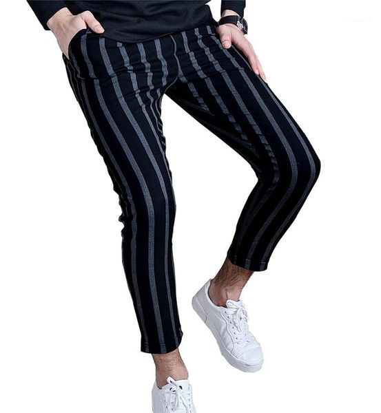 

striped panelled pencil pants casual natural color zipper fly capris pants men clothes men pants fashion, Black