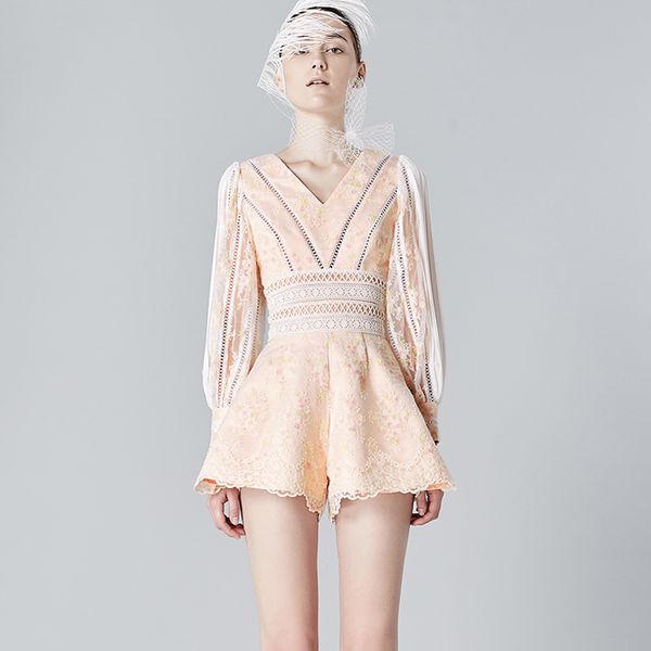 

see orange fashion milan custom made embroidery lace jumpsuit spring summer bodysuit women romper playsuits lantern sleeve, Black;white