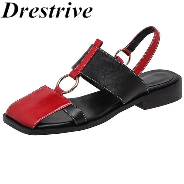 

drestrive full genuine leather 2020 summer fashion women's sandals square toe mixed colors low heels metal cow leather black