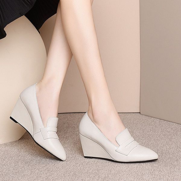 

2020 new round toe women's shoes genuine leather fashion high heels elegant and comfortable high (5cm-8cm) wedges classics, Black