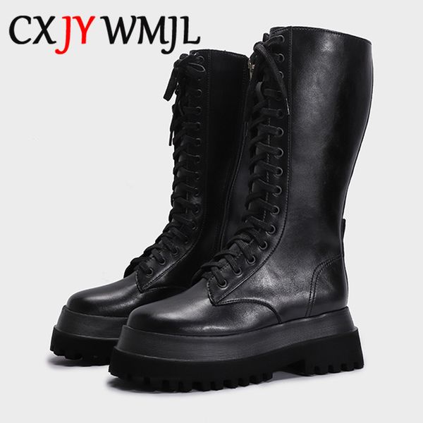 

autumn high boots for women side zipper microfiber leather platform shoes black thick bottom fashion women's boot long tube shoe