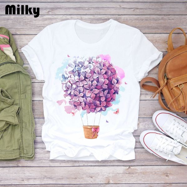 

air balloon flowers women summer t-shirts vogue ladies short sleeve oversized t shirt women graphic female tee t-shirt, White