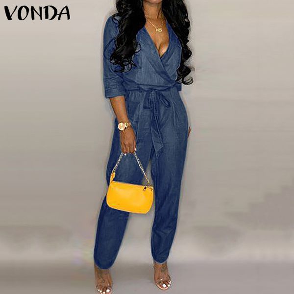 

fashion denim overalls women's v neck jumpsuit 2020 vonda summer playsuits fashion pantalon casual v neck woman rompers 5xl, Black;white