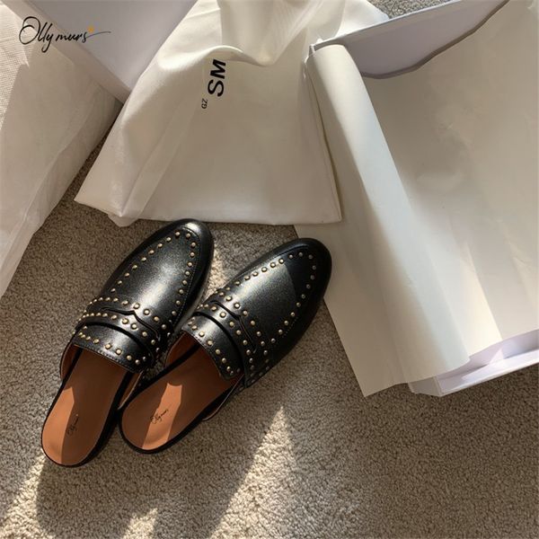 

ollymurs fashion real leather woman summer slippers round toe black white thick low heel women shoes slippers casual shoes woman