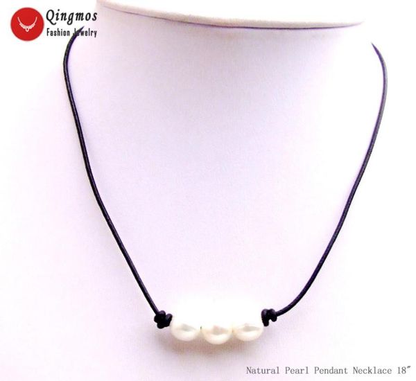 

qingmos fashion 10-11mm potato natural freshwater white pearl pendant necklace for women with genuine leather 18" chokers ne6582, Silver
