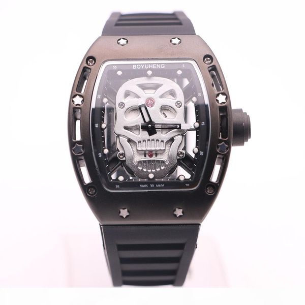 

boyuheng quartz baterry 43mm silver skull skeleton dial mens watches black stainless steel tonneau case transparent movement wristwatches, Slivery;brown