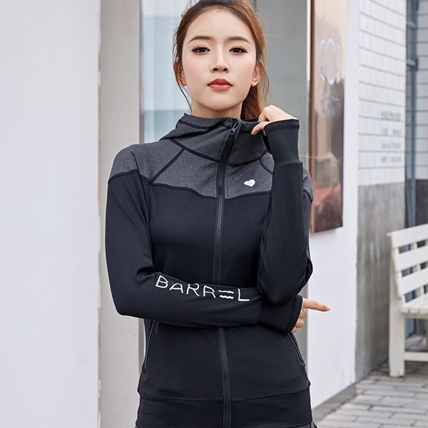 

women running jackets long sleeve hooded yoga shirts sport outdoor coat zipper sweatshirts gym fitness ladies sportswear, Black;red