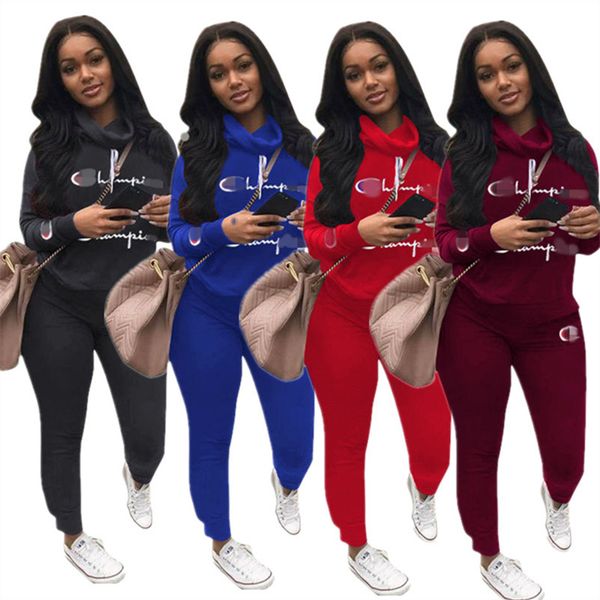 

women champ letter tracksuit long sleeve turtleneck hoodies sweatshirt + pants 2 piece set autumn winter outfits fashion sports suit clothes, White