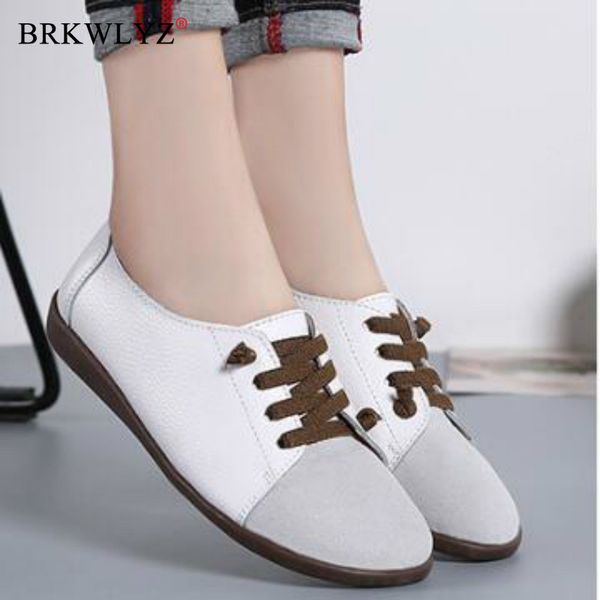 

small white female shoes 2020 casual leather soft bottom woman flats lace up comfort cow split breathable leather footwear, Black