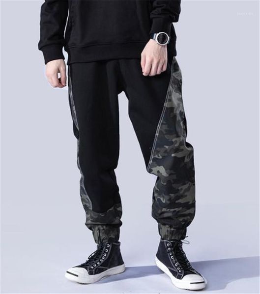 

designer pants fashion loose drawstring pockets panelled mens pants casual males clothing camouflage panelled mens, Black