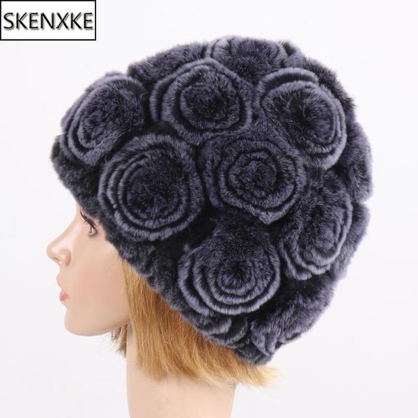 

winter women 100% genuine real rex fur hat natural warm flowers rex fur beanies cap lady knit hats, Blue;gray