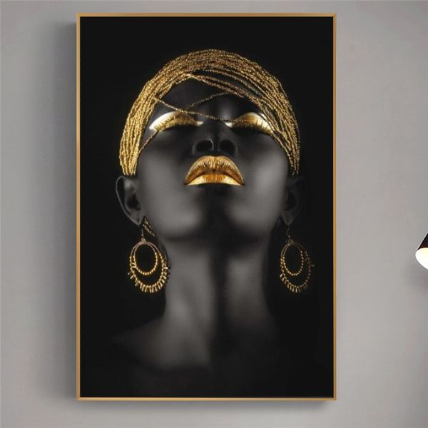 

black african woman oil paintings on canvas golden makeup portrait posters and prints scandinavian wall pictures home decoration
