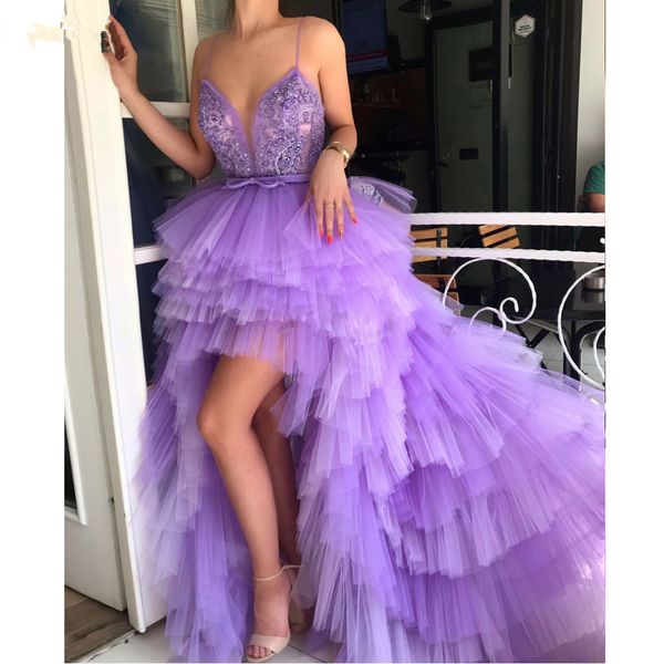 New Vestido de Festa 2020 Alta Baixa Prom Dresses design exclusivo roxo Tulle elegante vestido de noite Sexy V Neck Spaghetti vestido formal