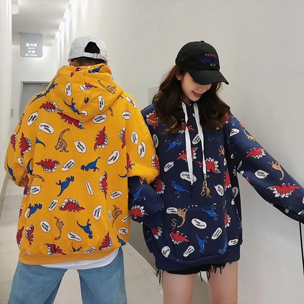 

ulzzang autumn female harajuku fashion sweatshirt casual large size loose m 2xl dinosaur cartoon hooded ins pullovers sweatshirt, Black