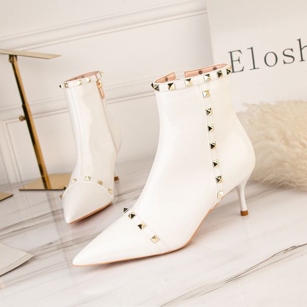 

ankle boots women autumn winter patent leather high heels ladies shoes pointed toe rivet punk black white boots