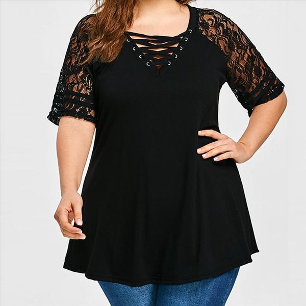 

2020 women lace criss cross front v neck blouses summer casual loose short sleeve blouse female shirts plus size, White