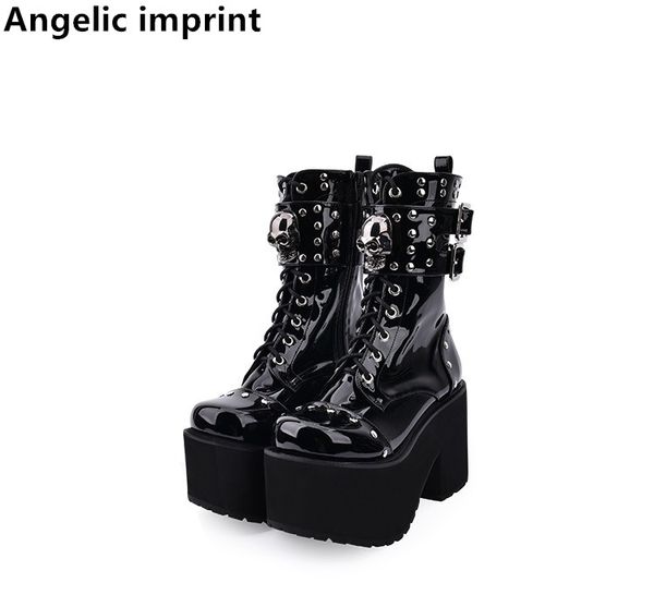 

angelic imprint women mori girl cosplay boots lady lolita punk motorcycle boots woman high trifle heels pumps shoes 33-47 8825, Black