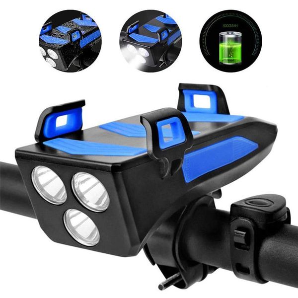 

4 in 1 bike light multifunction usb charging bicycle headlight mobile phone holder with bike bell cycling front light