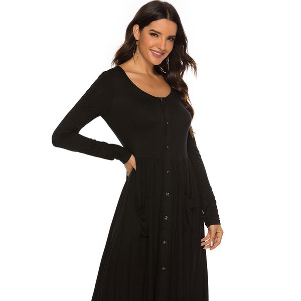 

2020 fashion ladies autumn dress solid color a line casual long sleeved dress button o neck female vestidos, Black;gray