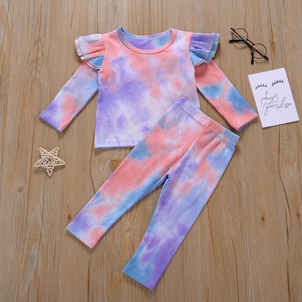 Pulôver Set confortável algodão europeus e americanos Comércio Exterior New Girls' Tie Dye Cor Long Sleeve Calças Wear Início dois conjuntos