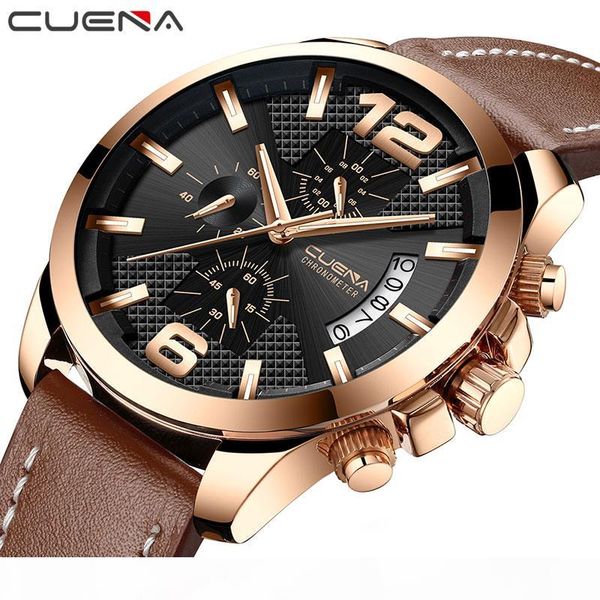 

cuena quartz watches men satch luminous leather strap waterproof sport clock men's wristwatch male clock relogio masculino, Slivery;brown