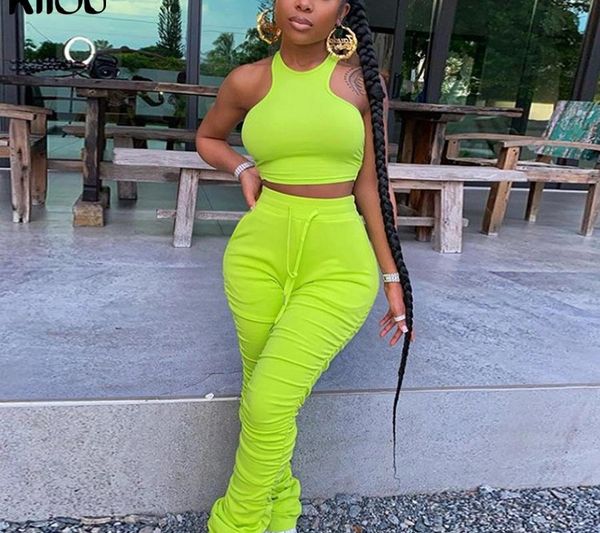 

kliou fitness two piece set women sporty tank stacked leggings tracksuit skinny stretchy sleeveless casual ruched outfits t200722, Gray