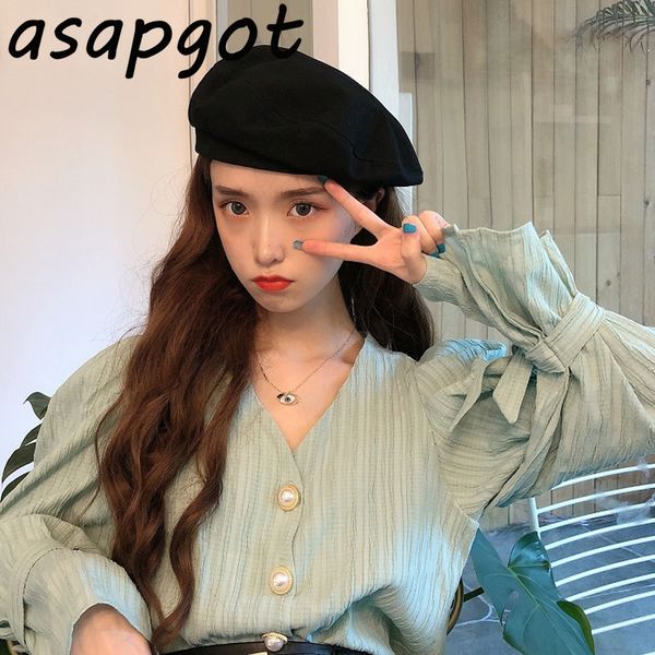 

korean vintage spring v neck flare sleeve women blouses chic wild fashion slim long sleeve shirts sweet blusas mujer de moda, White