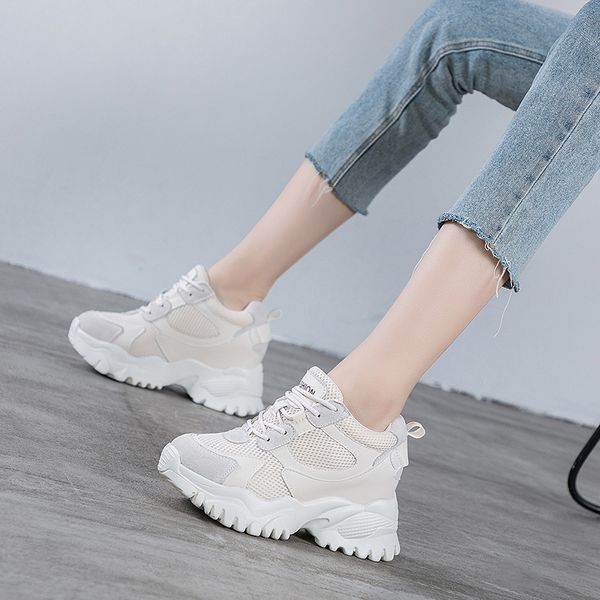 

yiluan women sneakers leather shoes casual lace up flats female 2020 fashion breathable comfort women shoes white 8cm increase, Black
