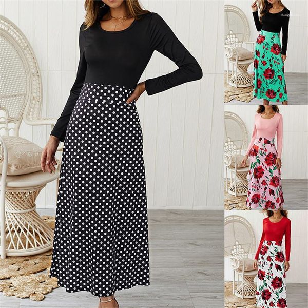 

female dress 20ss floral printed womens dress long sleeve patchwork color dot ladies dresses casual slim designer, Black;gray
