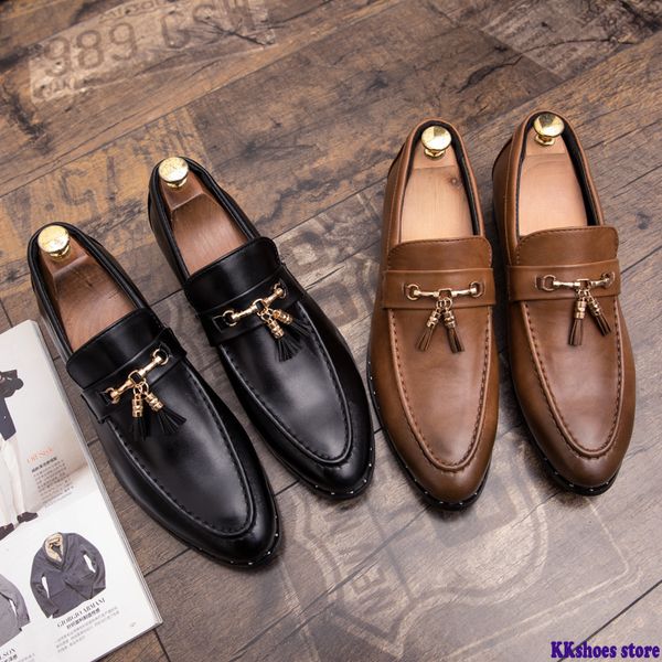 

men oxfords brand pointed formal oxfords men wedding moccasins shoes tassel rivet flats leather brogue business casual party, Black