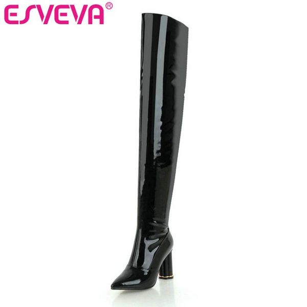 

esveva 2020 women boots pu patent leather over the knee boots zipper winter shoes pointed toe high heel shoes woman size 34-43, Black