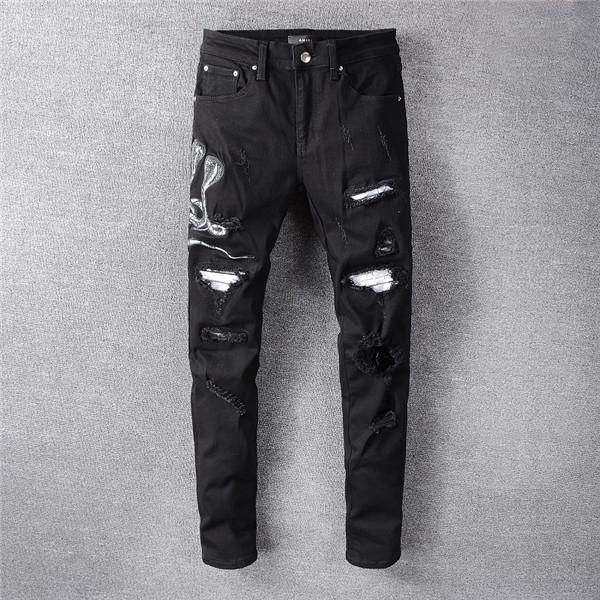 

2020 mens distressed rips stretch black blue jeans fashion slim fit washed motocycle denim pants new style printing brand denim jeans