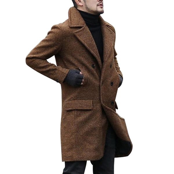 

laamei 2020 new winter woolen coat men leisure long sections coats mens pure color casual fashion jackets casual men overcoat, Black