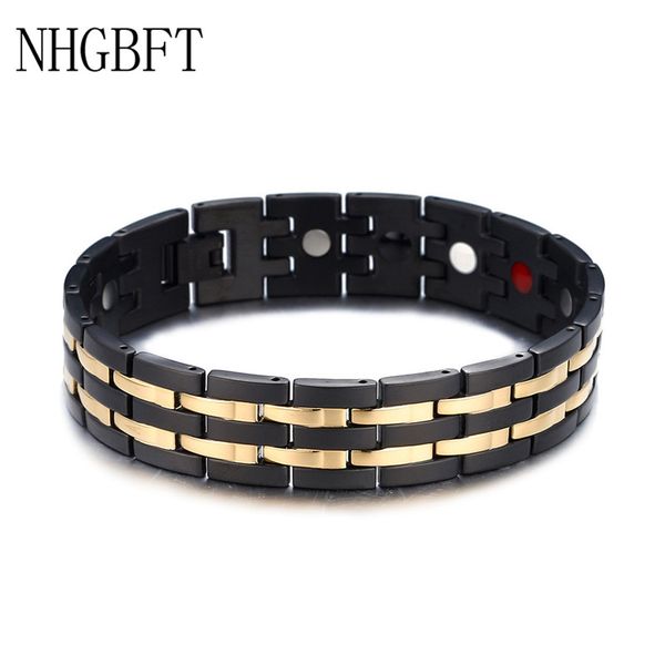 

nhgbft double golden stripes magnetic health bracelet for men stainless steel energy germanium hologram bracelet, Black