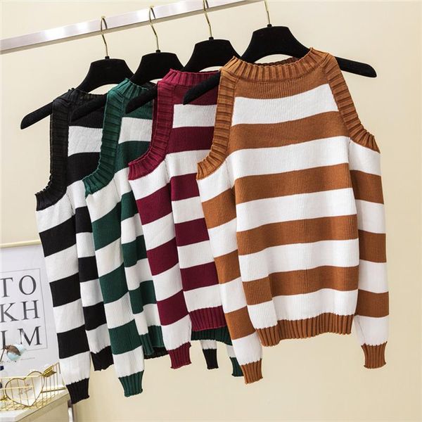 

striped pullovers sweaters women knitted off shoulder slim pullover sweater for female drop shipping good quality, White;black