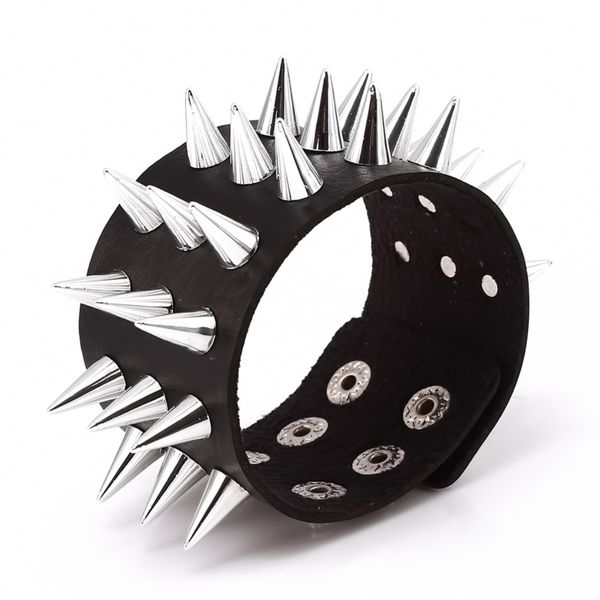 

three row cuspidal spikes rivet stud wide cuff leather punk gothic rock bangle bracelet men jewelry, Golden;silver