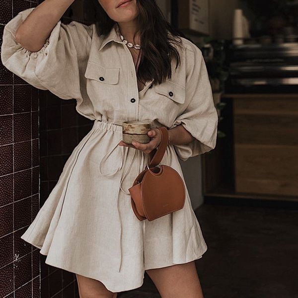 

casual dresses fashion linen lapel vintage lantern sleeve mini shirt dress short female lace autumn waist cropped sleeves, Black;gray