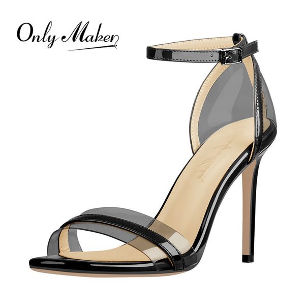 

onlymaker women's pvc clear peep toe stiletto cover heel single ankle strap with buckle heeled red black lady sandals