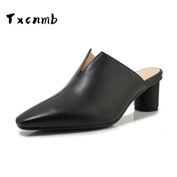 

slippers classic design cow leather pointed toe high heels sandals casual shoes summer concise slip on shoes woman, Black