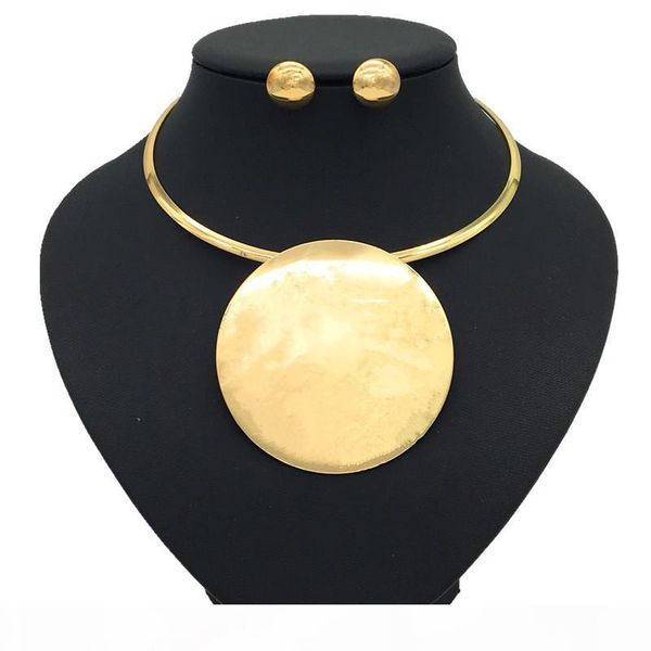 

xd084 nigerian bride necklace set with alloy round pendant necklace earring sets wedding jewelry set for women wholesale, Slivery;golden