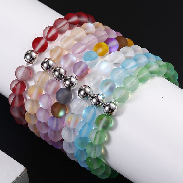 

8mm handmade beaded bracelet women natural stone matte slippy bracelet female elastic string solid color hand chain gift jewelry, Golden;silver