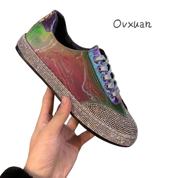 

ovxuan quality fashion men casual shoes italian brand rhinestone red green mixed discolored flat shoes mens hip hop boots 2021, Black