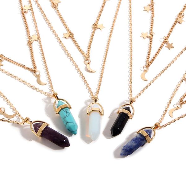 

2020 side Pendulum Bullet Two Layer necklace Opal Malachite Natural Stone Pendant Necklace Healing Crystals