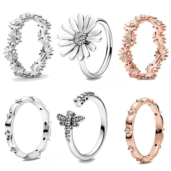 

2020 spring authentic 925 sterling silver ring sparkling daisy flower crown rings women engagement jewelry, Golden;silver