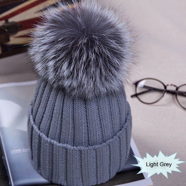 

winter new women pom pom beanies warm knitted bobble girl fur pompom hats real raccoon fur pompon casual hat cap, Blue;gray