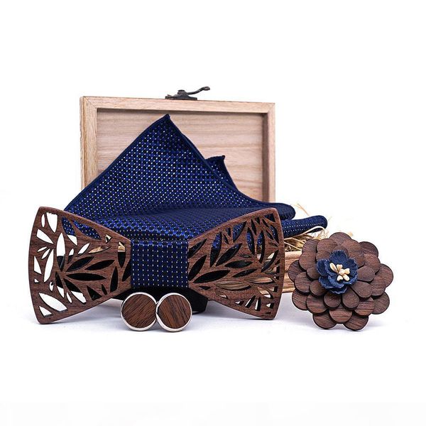 

wooden bow tie handkerchief set men's plaid bowtie wood hollow carved cut out floral design and box fashion novelty ties, Black;gray